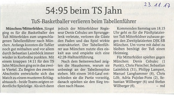 Basketball  -54-95 beim TS Jahn